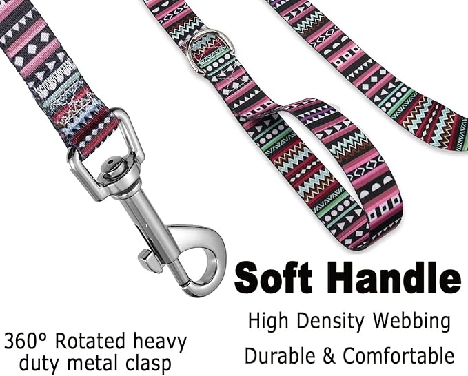Mihqy Dog Collar and Leash Set with Bohemia Floral Tribal Geometric Patterns - Soft Ethnic Style Collar Adjustable for Small Medium Large Dogs(Bohemian Purple Set,L)