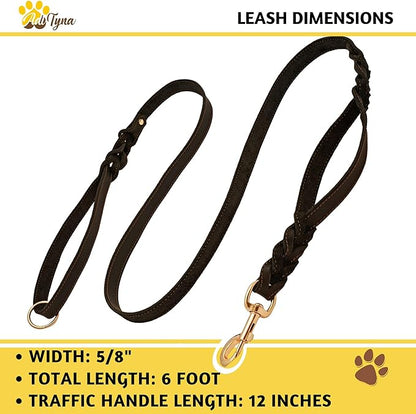 ADITYNA - Double Handle Leather Dog Leash 6ft - Heavy Duty Braided Dog Leash with Traffic Handle - Lead for Training and Walking Medium Large Breeds (Black, Two Handles 6 Foot x 5/8")