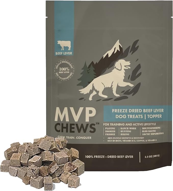 MVPChews | Freeze Dried Beef Liver Dog Treats | Single Ingredient Training Treats | High Protein, Grain Free, No Additives or Fillers | Premium Quality Food Topper | Made in USA - 3.5oz