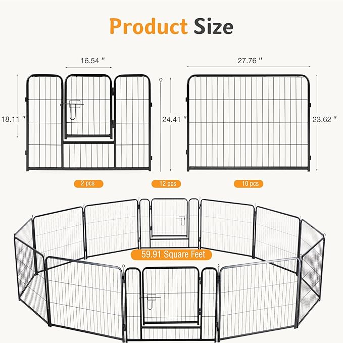 NEWBULIG Dog Playpen for Indoor 12 Panels 24" - Portable Heavy Duty Metal Pet Exercise Pen with Door, Foldable Small Dog Puppy Playpen Fence for Outdoor RV, Camping, Yard, Garden