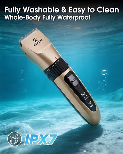 M&M STAR Dog Grooming Kit, Low Noise Dog Clippers, 2-Speed IPX7 Waterproof, Rechargeable Cordless Pet Hair Clippers Trimmer Shaver with LED Display for Small Large Dogs Cats, Gold