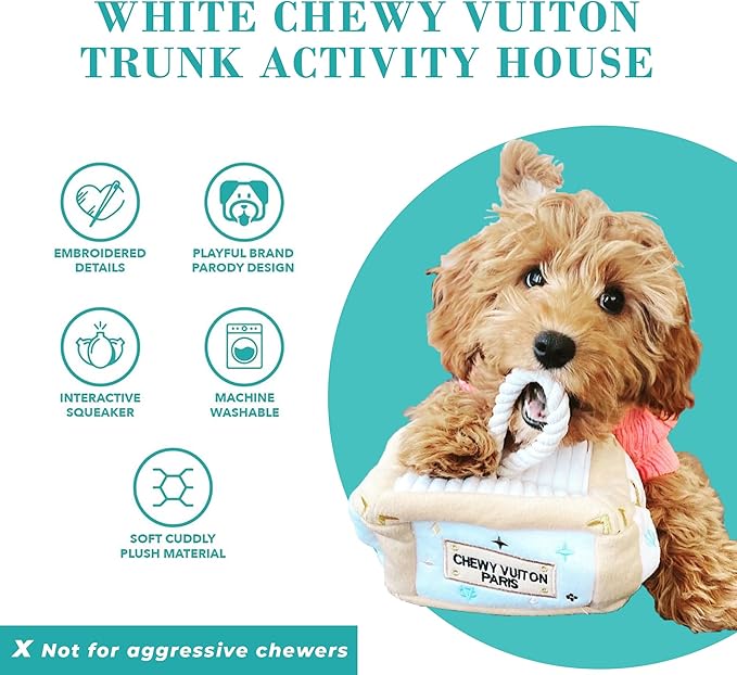 Haute Diggity Dog Chewy Vuiton Trunk Puzzle with 3 Plush Squeaky Dog Toys, Soft Durable Designer-Inspired Stuffed Puppy Chew Toys for Small & Medium Dogs, Machine-Washable (White) One Size