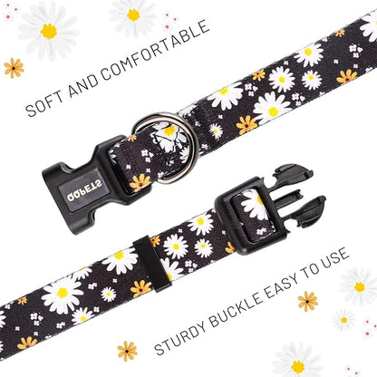 QQPETS Adjustable Soft Dog Collar: Print Flower Pink Multicolor Cute Patterns for XS Small Medium Large Pet Girl Boy Puppy Walking Running Training (L, White Daisy)