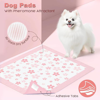 MIZOK Puppy Pads 22"x22", Pee Pads for Dogs 6-Layer Absorbency & Leak-Proof, Pink Cherry Blossom Prints, 4-Corner Adhesive Tabs, Wee Wee Pads for Small Dog Breeds (30 Counts)