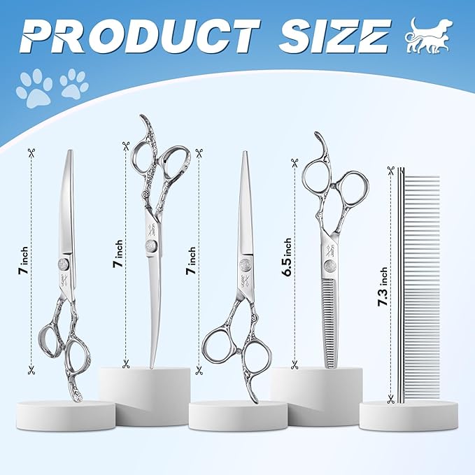 JASON Dog Grooming Scissors Kit, Professional 6 in 1 Dog Scissors Set - 6.5" Thinning, 7" Straight, 7" Up-Curved, 7" Down-curved Shears and Comb for Dog Cat Pet (Silver) Christmas Gift