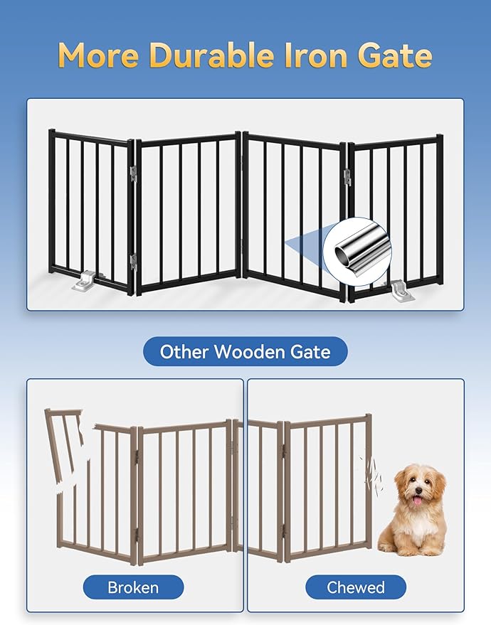 BFNN Metal Short Dog Gate, 16.5" High to Step-Over, Free Standing Foldable Pet Gate, Up to 96" Wide Puppy Fence for Stairs and Doorways, Indoor & Outdoor Use, No Drilling and No Assembly, Black