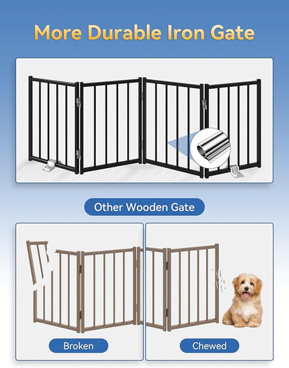BFNN Metal Short Dog Gate, 16.5" High to Step-Over, Free Standing Foldable Pet Gate, Up to 96" Wide Puppy Fence for Stairs and Doorways, Indoor & Outdoor Use, No Drilling and No Assembly, Black