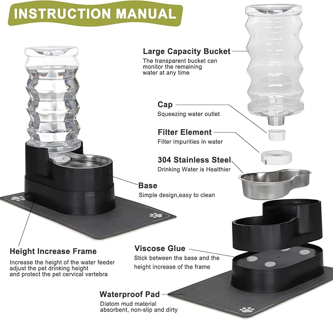 RIZZARI Large Water Dispenser for Dogs: 8L Black Raised Gravity Auto-Refill Waterer with Stainless Steel Bowl - Leak-Resistant & Easy Cleaning - Less Bending for Senior Dogs - Garage & Garden