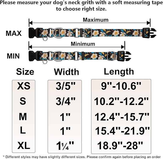 Martingale Collar for Dogs Floral Dog Collars for Small Medium Large Dogs with Buckle Adjustable Soft Nylon Dog Collar (Luxury Golden Flowers, Large)