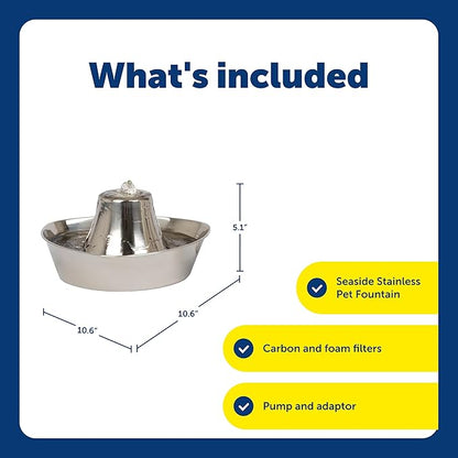 PetSafe Seaside Stainless Steel Cat & Dog Fountain, 60 Oz Water Capacity - 2 Water Filters & 1 Pump Included, Soothing Flow for Pets, Scratch-and Rust-Resistant Material - Quiet Motor