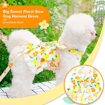 ABRRLO Dog Harness Dress Leash Set for Small Dog Summer Clothes Girl Female Puppy Cats Outfits Cute Floral Bowknot Princess Birthday Dress for Extra Small Pet Doggie Kitten Outfits Apparel(Yellow,L)