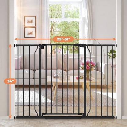 34" Extra Tall Baby Gate for Stairs, Auto Close Stroller Friendly Dog Gate Indoor for Doorways, Pressure Mounted 29"-51" Wide Baby Gate, Easy Walk Through Gate for Children & Pets, Black