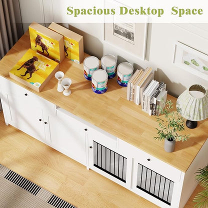 78" Double Door Dog Crate Furniture TV Stand, Heavy Duty Wooden Dog Kennel with 3 Drawers & 2 Cabinets, Extra Large Indoor Dog Cage for Medium/Large Dogs, White