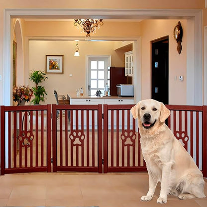 4 Panel Dog Gate - Mahogany - Foldable Wooden Freestanding Pet Gate, 80" L x 23.6" H, for Doorways, Halls & Stairs, 360 Degree Rotated Hinges