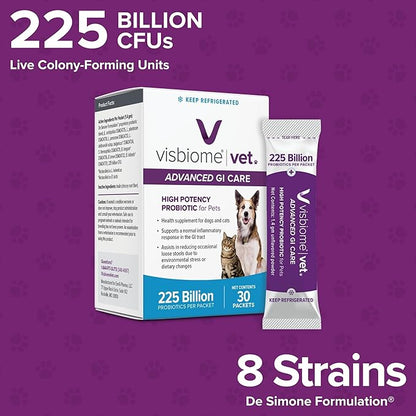 Visbiome® Vet Advanced GI Care High Potency Probiotic for Dogs & Cats – 225B CFU, 8-Strain Formula – Refrigerated, Veterinarian Recommended, Clean Label Certified – 60 Packets
