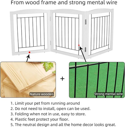 ZJSF Freestanding Foldable Dog Gate for House Extra Wide Wooden White Indoor Puppy Gate Stairs Doorways Pet Gate Tall Dog Fence 3 Panels Fence