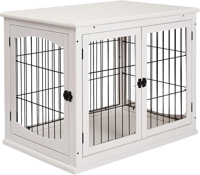 PawHut Dog Crate Furniture, 32" Small Dog Cage End Table with 2 Doors, Lockable Door, Puppy Kennel Indoor, White