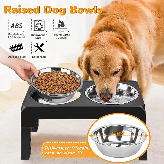 URPOWER Raised Dog Bowls 4 Height Adjustable Elevated Bowl Stand with Stainless Steel Water Bowl Non-Slip Dog Food Bowls Stand for Small Medium Large Dogs and Pets