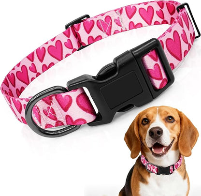 Kazazoo Dog Collar Cute and Soft Nylon Puppy Collar Girl, Adjustable Dog Collars for Small Medium Dogs, Hot Pink Heart-M