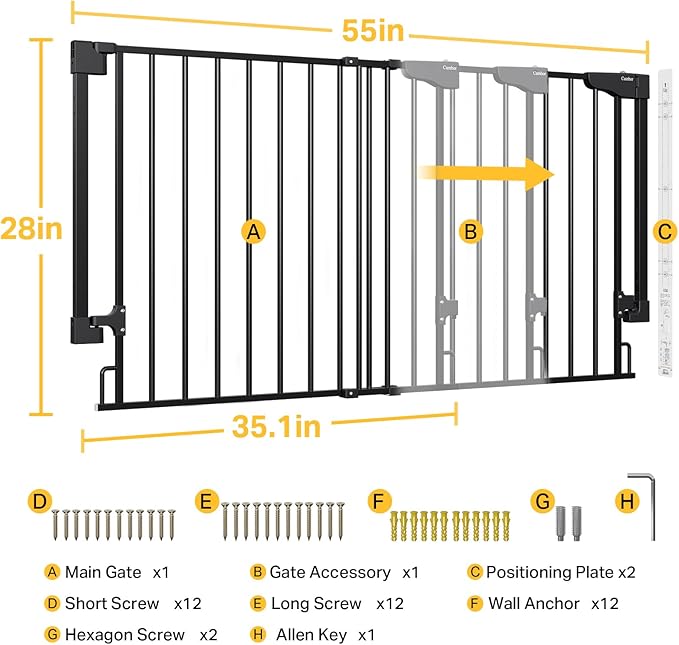 Cumbor 35.1–55" No Bottom Bar Baby Gate for Stairs, 2-in-1 Auto Close Dog Gate Indoor, Hardware Mounted Wide Pet Gate for Doorways with Large Walk Thru Door, Child-Proof Safety Gate for Kids (Black)