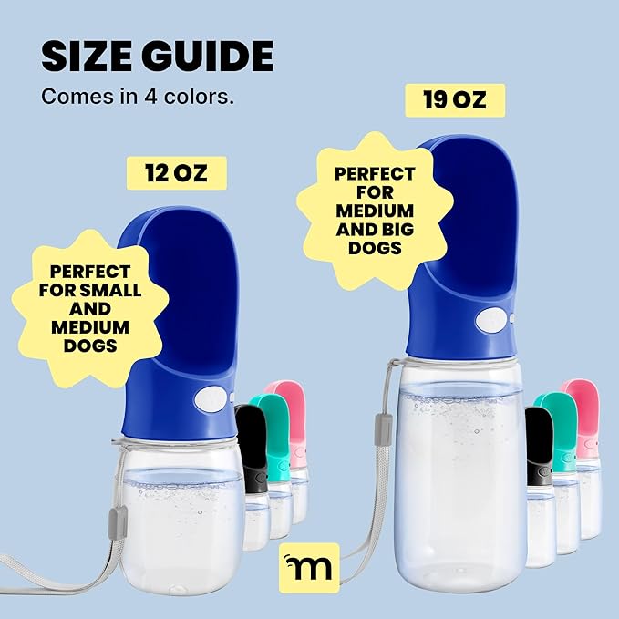 MalsiPree Dog Water Bottle Dispenser for Walks - 12 oz Navy Blue - Leak-Proof Lock & One-Hand Operation - On the Go Dog Water Dispenser- Pet Travel Bottle with Built-in Bowl, for Hiking & Travel