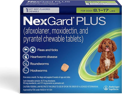 NexGard Plus (afoxolaner, moxidectin, and pyrantel) Flea and Tick Protection & Heartworm Preventive for Dogs Soft Beef Flavored Chewables, 8.1-17 lbs. (Green) 1 Chew (1 Month Supply)