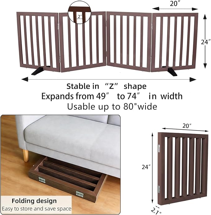 ZJSF Freestanding Indoor Dog Gate for House Foldable Wood Puppy Gate for Doorways Pet Gate for Stairs Extra Wide Pet Fence, Brown, 24" Height 4 Panels