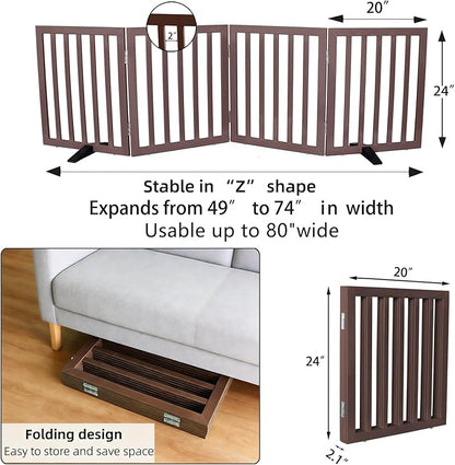 ZJSF Freestanding Indoor Dog Gate for House Foldable Wood Puppy Gate for Doorways Pet Gate for Stairs Extra Wide Pet Fence, Brown, 24" Height 4 Panels