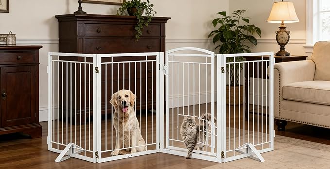 Metal Freestanding Dog Gate with Cat Door for Indoor/Outdoor,80" Extra Wide Foldable Pet Gate,32" Tall Foldable Indoor Dog Fence for Large Openings Stairs,Deck,Yard,Doorways(4 Panels,White)