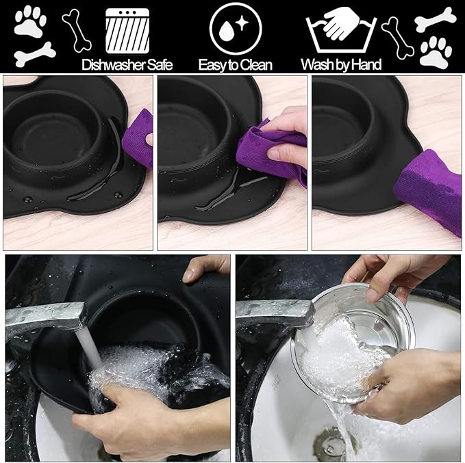 AsFrost Dog Food Bowls Stainless Steel Pet Bowls & Dog Water Bowls No Spill Non Skid, Feeding Bowls with Dog Bowls Silicone Mat for Small Medium Large Size Dogs, Cat Pet Dog Dishes Set, Black, 3 Cup