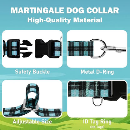 Martingale Collar for Dogs with Buckle No Pull Adjustable Nylon Limited Slip Training Dog Collars (Blue Plaid, Medium)
