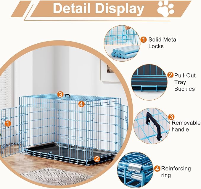 FDW XL Dog Crate 48inch Dog Cage Foldable Metal Kennel with Leakproof Tray Foldable Design Indoor Outdoor Use for Extra Large Dogs,Blue