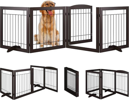 Vantas Folding Pet Gate 96" Wide, 30" Tall No-Assembly Wooden Dog Gate with Door Walk Through, Freestanding Wire Pet Puppy Safety Fence, with 2PCS Support – Espresso