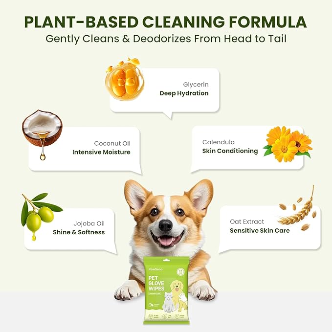 12PCS Hypoallergenic Pet Glove Wipes for Dogs & Cats - Quick Clean & Deodorizing Between Baths & Travel | Dog Washing Wipes for Fur, Butt, Paws, Eyes & Ears |Cat Cleaning Gloves for Grooming & Bathing