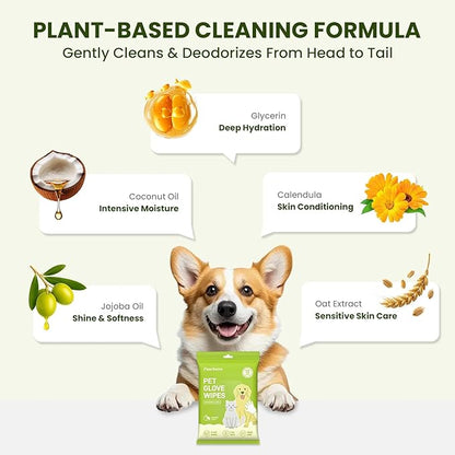 12PCS Hypoallergenic Pet Glove Wipes for Dogs & Cats - Quick Clean & Deodorizing Between Baths & Travel | Dog Washing Wipes for Fur, Butt, Paws, Eyes & Ears |Cat Cleaning Gloves for Grooming & Bathing