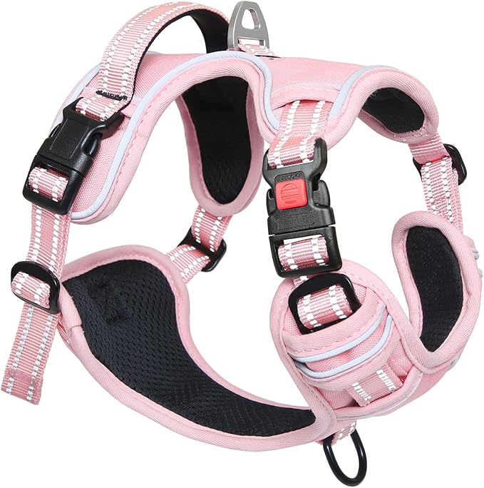Timos Dog Harness Small Sized, No Pull Pet Harness with Neck Lockable Snap,No Choke Front Clip Dog Reflective Vest,Adjustable Metal Rings 3 Buckles,Easy Control Handle for Small Dogs Pink XS