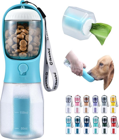 Cibaabo Dog Water Bottle with Food Container & Poop Bag Holder, Travel Water Bowl, Portable Pet Dispenser, Dog Gifts Stuff Accessories Items, Puppy Essentials for Yorkie Chihuahua Walking Hiking