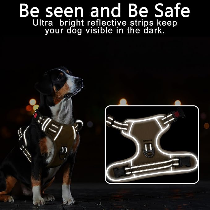 Timos Dog Harness Large Sized, No Pull Pet Harness with Neck Lockable Snap,No Choke Front Clip Dog Reflective Vest,Adjustable Metal Rings 3 Buckles,Easy Control Handle for Large Dogs Khaki XL