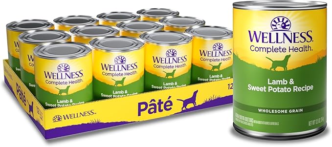 Wellness Complete Health Pate Adult Canned Wet Dog Food, Wholesome Grains, Natural, Lamb and Sweet Potato, 12.5 oz, Pack of 12 Cans