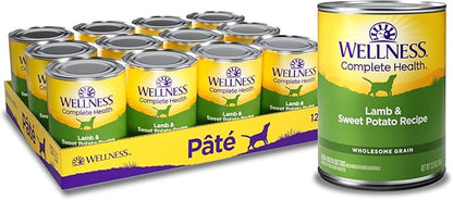 Wellness Complete Health Pate Adult Canned Wet Dog Food, Wholesome Grains, Natural, Lamb and Sweet Potato, 12.5 oz, Pack of 12 Cans