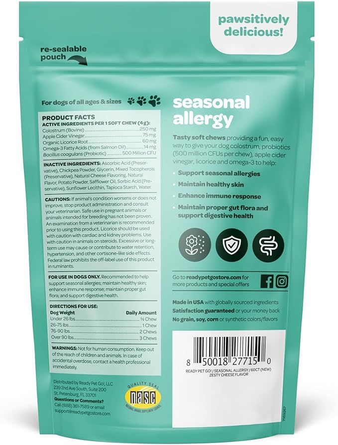 Dog Allergy Chews with Probiotics | Seasonal Allergy Chews for Dogs with Wild Alaskan Salmon Oil & Colostrum | Environmental Dog Allergy Support | NASC Certified & Made in The USA | 60 Chews