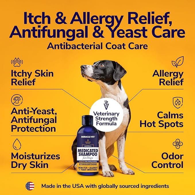 Miracle Vet Medicated Dog Shampoo for Itchy Skin Relief - Antifungal for Dog Allergy Relief, Yeast Infection, Hot Spot & Dry Skin Anti-Itch Treatment Wash - Hydrocortisone (16 oz)