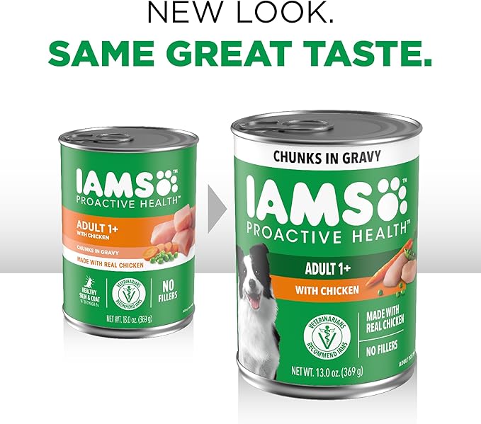 IAMS Proactive Health Wet Dog Food Adult, Canned Dog Food, Chicken Chunks in Gravy, 13 oz. Cans, Pack of 12