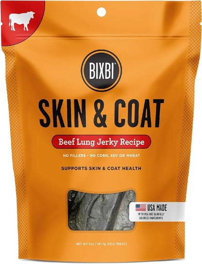 BIXBI Skin & Coat Support Beef Liver Jerky Dog Treats, 5 Oz - USA Made Grain Free Dog Treats - Antioxidant Rich To Support Shiny, Full Bodied Coats - High In Protein, Whole Food Nutrition, No Fillers