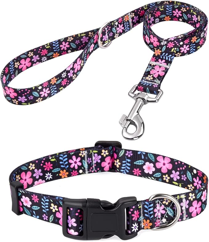 Mihqy Dog Collar and Leash Set with Bohemia Floral Tribal Geometric Patterns - Soft Ethnic Style Collar Adjustable for Small Medium Large Dogs(Floral Set,M)