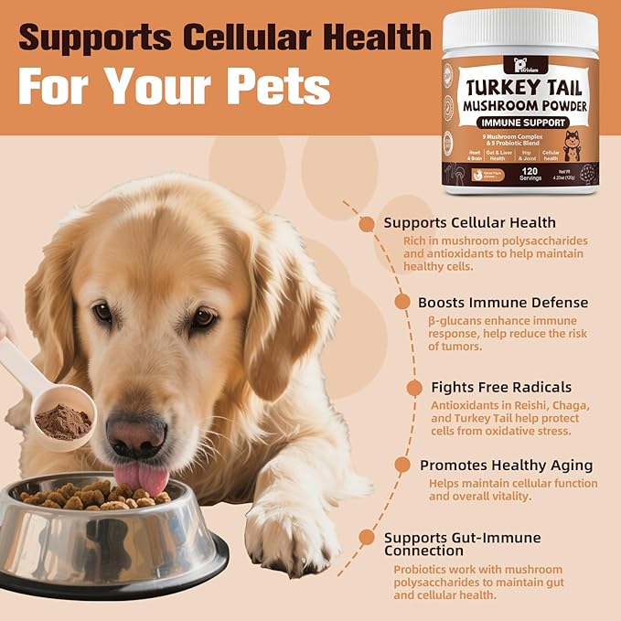 Mushroom Supplement with Probiotics for Dogs & Cats, Turkey Tail Mushroom for Pets - Mushroom Powder for Immune Boost & Overall Health- Partner Guard for Dogs Lumps and Bumps