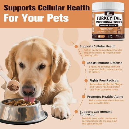 Mushroom Supplement with Probiotics for Dogs & Cats, Turkey Tail Mushroom for Pets - Mushroom Powder for Immune Boost & Overall Health- Partner Guard for Dogs Lumps and Bumps