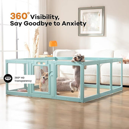 Clear Acrylic Dog Playpen Indoor, Puppy Cat Small Pet Play Pen, Pet Cat Playpen for Rabbits, Dog Fence Crate Kennel Whelping Cage (Green, 10 Panel)