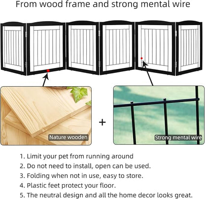 ZJSF Freestanding Foldable Dog Gate for House Extra Wide Wooden Black Indoor Puppy Gate Stairs Dog Gates Doorways Tall Pet Gate 6 Panels Fence