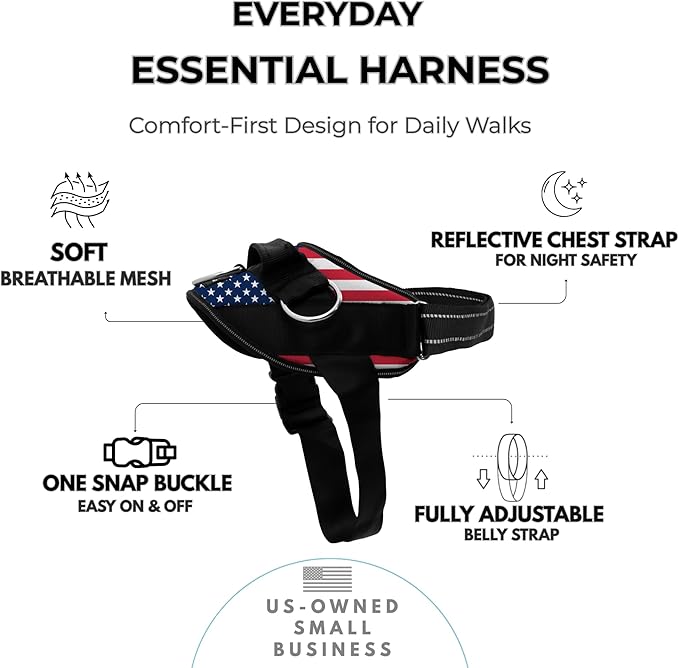 ShawnCo Essential Dog Harness, No-Pull Pet Vest with 3 Leash Clips, No Choke, Reflective, Adjustable and Padded, for Easy Walking and Training for Small, Medium and Large Dogs (Stars and Stripes, M)